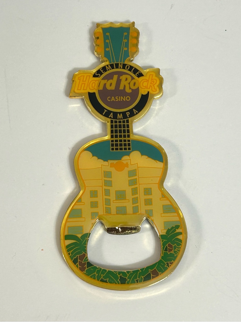 Hard Rock Casino Tampa Guitar Bottle Opener Magnet - Yellow/Teal
